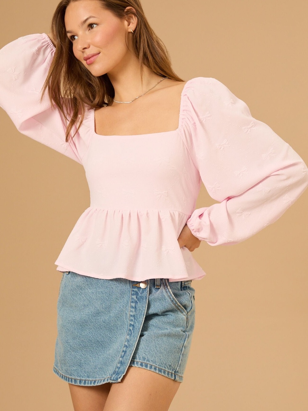 Arula Pink Textured Bow Back Peplum Blouse Puff Sleeve Size XL